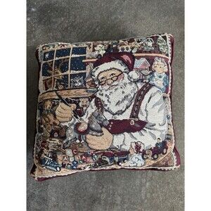 Vintage Christmas Santa’s Workshop Tapestry Throw Pillow With Feather Insert